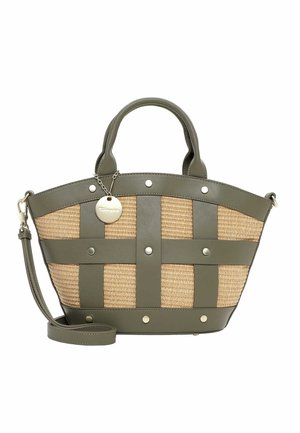 Keskmise suurusega kandekott, mille keha on heledast punutud materjalist ning roheka lehmnahast sangad, rihmad ja ääris, millel on metallnööbid ja ümmargune brändi silt.