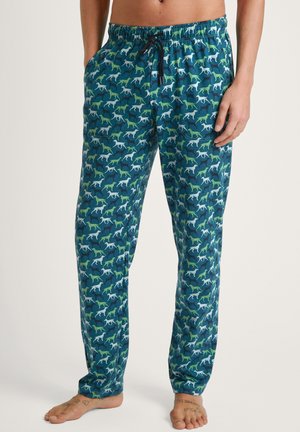 Katoenen pyjamabroek met een elastische tailleband, met een teal achtergrond en een herhaald patroon van witte en groene hondensilhouetten.