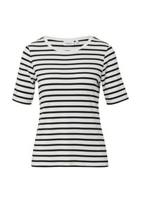 Gestreiftes T-Shirt mit Rundhalsausschnitt, mit horizontalen schwarzen und weißen Streifen, kurzen Ärmeln und einem glatten Baumwollgemisch.