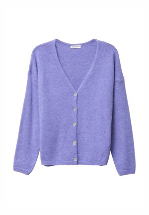 Lavender cardigan with a V-neck, long sleeves, and six button closure. Knit texture and relaxed fit. Soft fabric and minimalistic design.