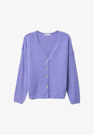 Lavender cardigan with a V-neck, long sleeves, and six button closure. Knit texture and relaxed fit. Soft fabric and minimalistic design.