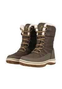 Braune wasserdichte Winterstiefel mit einem gesteppten Design, einem mit Fell gefütterten Schaft und sandfarbenen Schnürsenkeln. Sie verfügen über eine Gummisohle und minimale weiße Akzente.