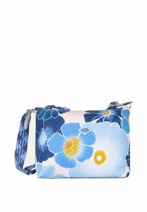 Sac à bandoulière bleu à motifs floraux, présentant des nuances de bleu et de jaune. Dispose d'une sangle texturée et d'un détail logo.