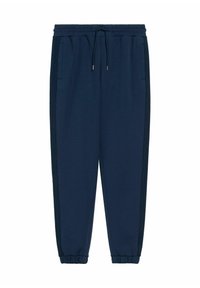 Granatowe dresy wykonane z miękkiego materiału, z elastycznym pasem ze sznurkiem, bocznymi kieszeniami i zwężanymi mankietami.