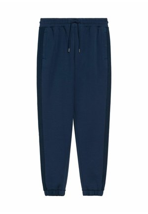 Granatowe dresy wykonane z miękkiego materiału, z elastycznym pasem ze sznurkiem, bocznymi kieszeniami i zwężanymi mankietami.