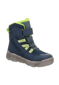 Blaue und graue Mid-Top-Stiefel mit einem grünen Fleece-Kragen, strukturiertem Stoff, reflektierenden Streifen und einem Klettverschluss für sicheren Halt.