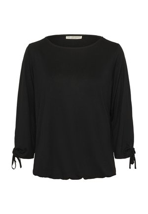 Black long-sleeve top with a round neckline, gathered sleeves with ties, soft texture, and relaxed fit. Smooth fabric without patterns.