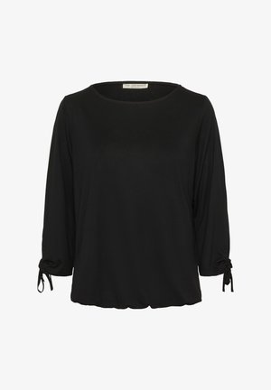 T-shirt noir à manches longues avec un col rond, manches froncées avec des liens, texture douce et coupe décontractée. Tissu lisse sans motifs.