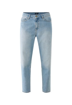 Lysblå denimjeans med lige pasform, fem lommer og knapåbning. Har en let falmet overflade og enkle syningsdetaljer.