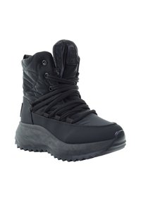 Czarne wysokie buty ze wzmocnioną konstrukcją, posiadające fakturowaną gumową podeszwę, przednią sznurowadła oraz naszywkę z logo na języku.