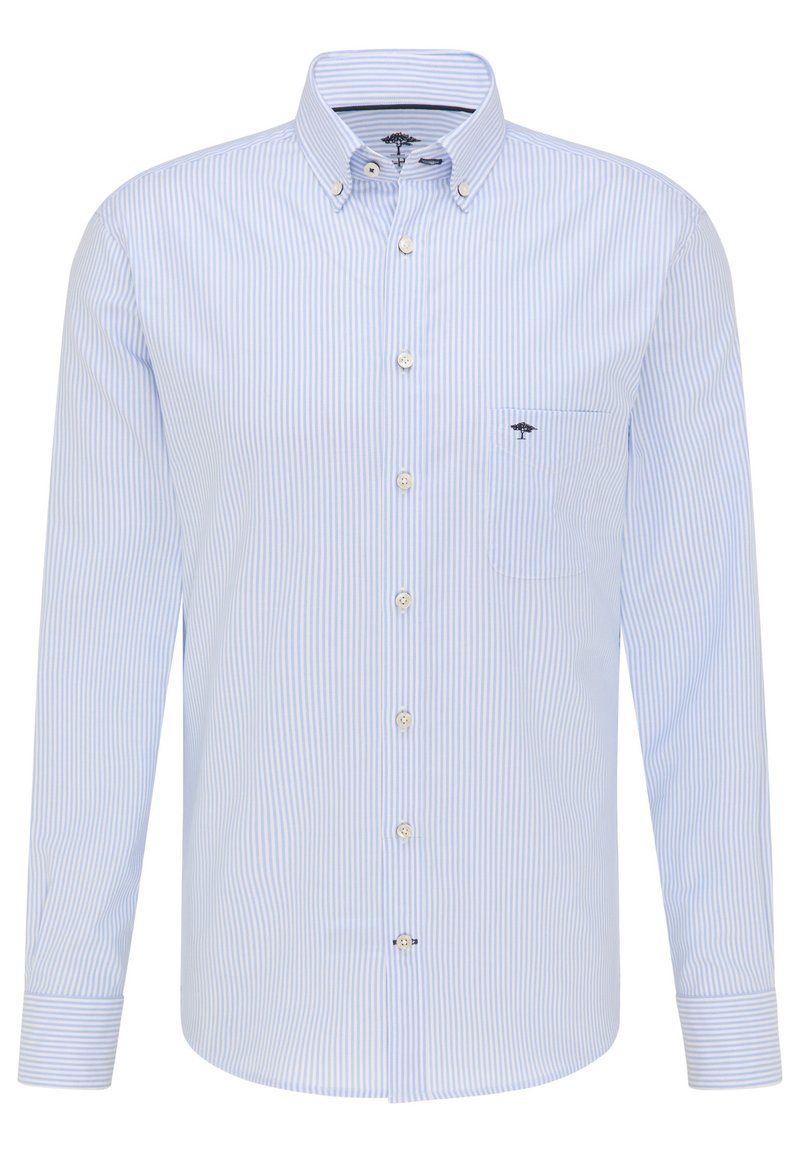 Camicia a maniche lunghe a righe blu in cotone. Presenta colletto button-down, 5 bottoni, tasca sul petto singola e ricamo del logo.