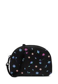 Schwarze Handtasche mit einer geschwungenen Form, die mit bunten Blumenmustern in Blau, Pink und Grün verziert ist. Mit einem schwarzen Tragegurt und Reißverschluss versehen.