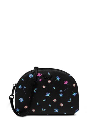 Black handbag with a curved shape, featuring colorful floral patterns in blue, pink, and green. Finished with a black strap and zipper.