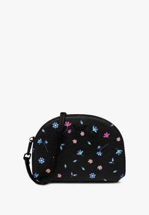 Black handbag with a curved shape, featuring colorful floral patterns in blue, pink, and green. Finished with a black strap and zipper.