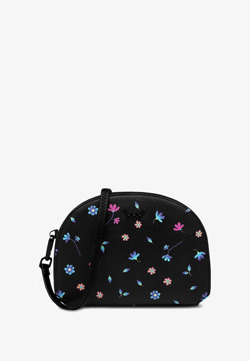 Black handbag with a curved shape, featuring colorful floral patterns in blue, pink, and green. Finished with a black strap and zipper.