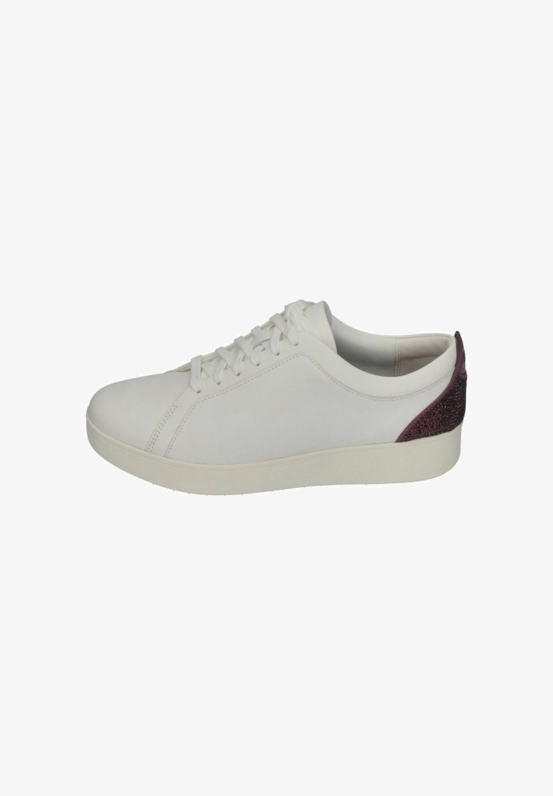 White sneaker with a smooth leather upper, rounded toe, flat laces, and a contrasting textured maroon accent at the heel.
