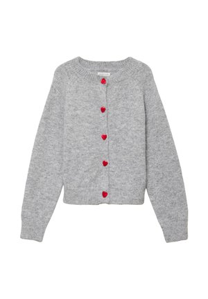 Grå stickad kofta med lång ärm och röda hjärtformade knappar fram, rundad halsringning och ribbade kanter.