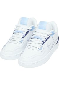 White sneakers with blue accents, featuring a smooth leather finish, mesh tongue, and intricate stitching. Laced design with branding.