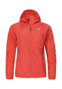 Rote leichte Jacke mit Kapuze, ausgestattet mit einem durchgehenden Reißverschluss und zwei Seitentaschen. Hergestellt aus glattem, wasserabweisendem Material. Weißes Logo auf der Brust.