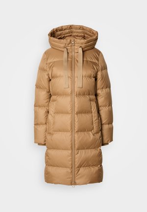 Beige puffer coat with a hood, featuring a front zipper, dual side pockets, and stitched quilted texture for insulation.