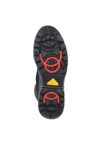 Schwarze Gummisohle mit tiefen Rillen und Profil, ausgestattet mit roten kreisförmigen Akzenten und einem gelben Dreieck an der Ferse für Traktion und Stabilität.