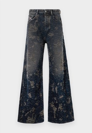 Mørkeblå vide jeans med et slidte, syrevaske tekstur og klassisk fem-lomme-design.