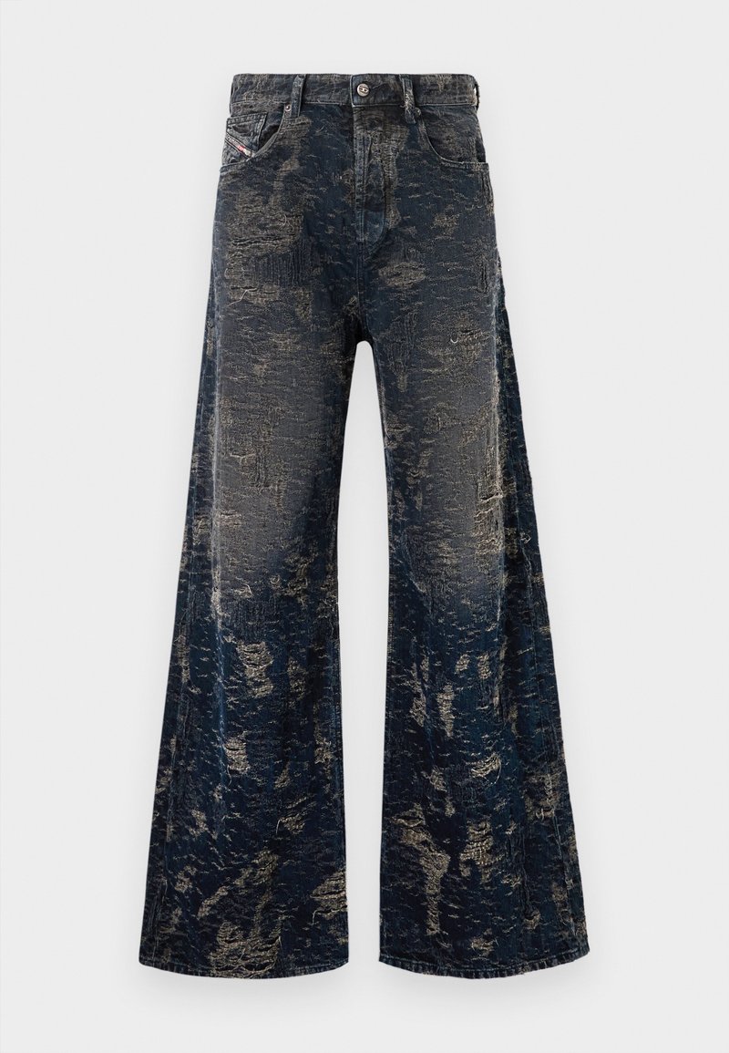 Dunkelblaue Schlagjeans mit einem zerstörten, Acid-Wash-Effekt und klassischem Fünf-Taschen-Design.