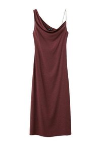 Bordová bezramienková šaty s klesajúcim výstrihom, dĺžka po zem, vyrobené z jemnej látky s jemnými textúrovanými akcentmi a drapériovým dizajnom.