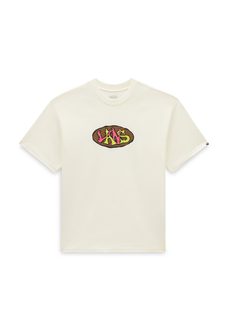 Kridhvid bomulds t-shirt med en rund grafisk logo, der læser "VANS" i levende pink og grøn. Korte ærmer og klassisk pasform.