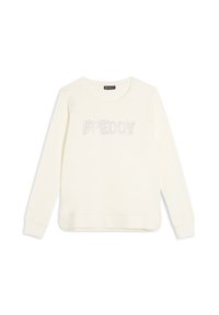 Felpa color crema realizzata in morbido tessuto, con collo rotondo e un design frontale arricchito da strass che compongono la scritta "FREDDY."