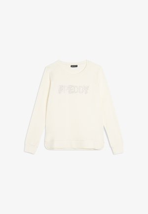 Sweatshirt crème en tissu doux, doté d'un col rond et d'un motif à l'avant avec des embellissements en strass orthographiant "FREDDY."