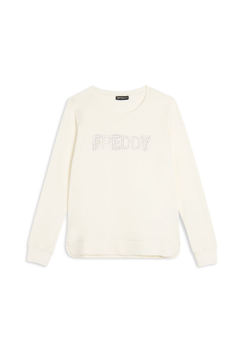 Felpa color crema realizzata in morbido tessuto, con collo rotondo e un design frontale arricchito da strass che compongono la scritta "FREDDY."