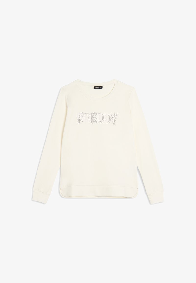 Sudadera de color crema fabricada con tejido suave, que presenta un escote redondo y un diseño frontal con adornos de strass que deletrean "FREDDY."