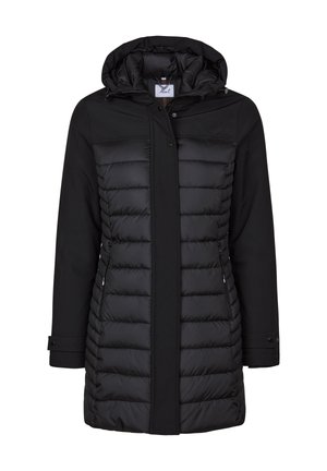 Zwarte lange gewatteerde jas met capuchon, zijritszakken en drukknoopmanchetten, ontworpen voor koud weer.