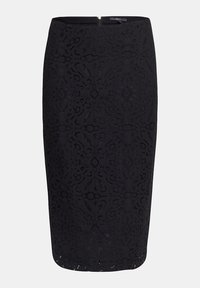 Gonna a tubino in pizzo nero con intricati motivi floreali, forma aderente e chiusura con zip sul retro. La finitura testurizzata esalta i dettagli visivi.
