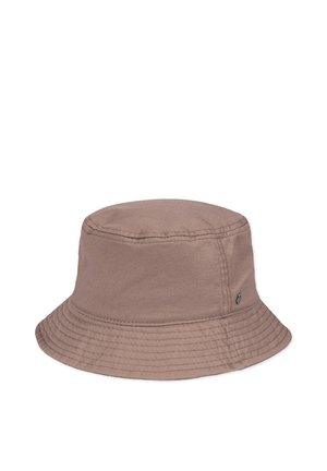Brown cotton bucket hat with stitched brim and subtle logo tag on side, set against a white background.