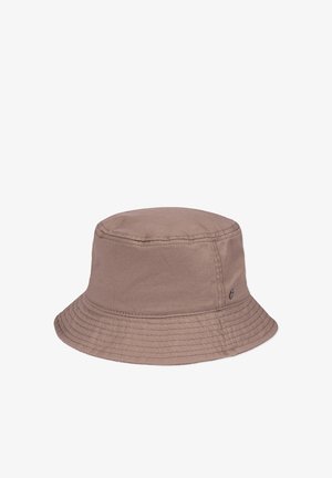 Brown cotton bucket hat with stitched brim and subtle logo tag on side, set against a white background.
