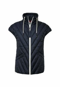 Marinblå pufferväst med hög krage, delvis ärmlös design, chevron-quiltat mönster, dragkedja fram och framfickor.