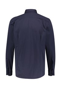 Marineblauw overhemd met lange mouwen, van achter te zien, met een klassieke kraag en knoopmanchetten.