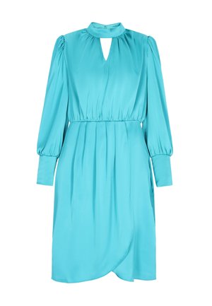 Türkiz midi ruha sima anyagból, magasan záródó gallérral, kulcslyuk kivágással, hosszú puffos ujjal és átkötős szoknyával.