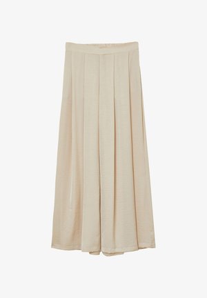 Gonna midi plissettata in tessuto beige chiaro. Presenta una superficie liscia con una vita elasticizzata e una forma a trapezio fluente. Senza motivi o dettagli visibili.