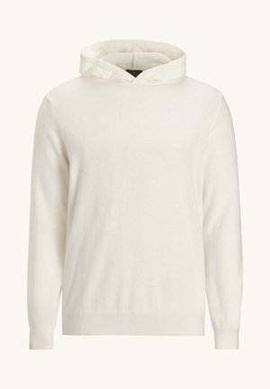 Hættepullover i cremefarvet, lavet af blødt stof. Har lange ærmer og ribstrikkede manchetter, med et enkelt design uden synlige mønstre.