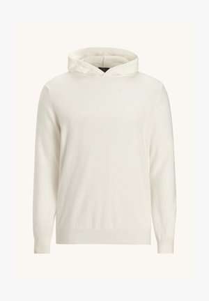 Pullover con cappuccio di colore crema, realizzato in tessuto morbido. Presenta maniche lunghe e polsini a costine, con un design semplice e senza motivi visibili.