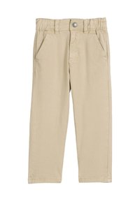 Beżowe bawełniane spodnie o prostym kroju, z elastycznym paskiem w talii, dwoma przednimi kieszeniami i zapięciem na guzik z przodu.