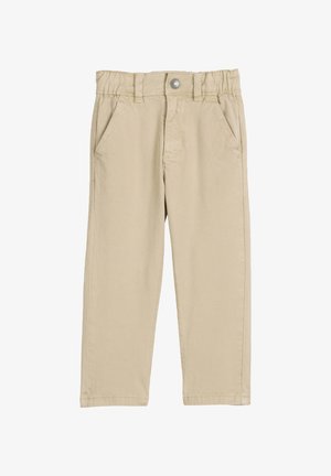 Pantaloni in cotone beige con vestibilità dritta, dotati di una cintura elastica, due tasche frontali e chiusura con bottone anteriore.