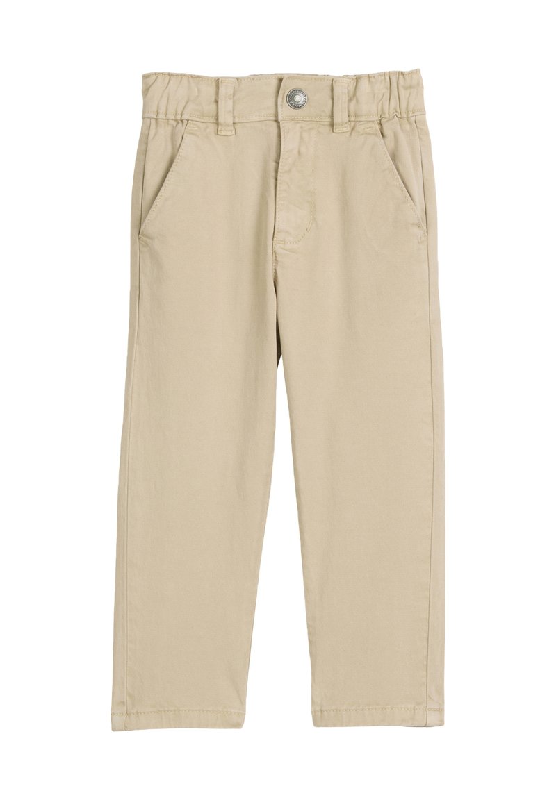 Beżowe bawełniane spodnie o prostym kroju, z elastycznym paskiem w talii, dwoma przednimi kieszeniami i zapięciem na guzik z przodu.