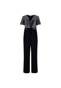 Combinaison noire avec un haut pailleté, des manches évasées, un décolleté en V et une ceinture à nouer à la taille. Le pantalon est droit et arrive jusqu'au sol.