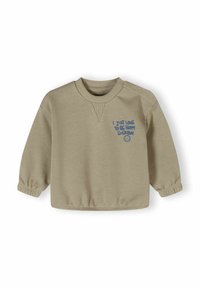 Beige sweatshirt med rund halsringning, långa ärmar, ribbade muddar och ett blått tryckt budskap på framsidan. Har axelknappar.