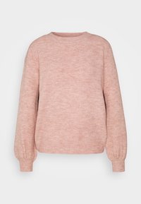 Jasnoróżowy sweter dzianinowy z okrągłym dekoltem, długimi, obszernymi rękawami i ściągaczami przy mankietach. Miękka faktura z lekko melanżowym wyglądem.