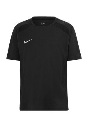 T-shirt sportiva nera a maniche corte con scollo rotondo, ventilazione in mesh sulle spalle e logo Nike Swoosh bianco su petto e collo.